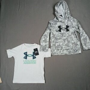 NEW! Lot of 2 Under Armour Boys Youth XS T Shirt and Hoodie Camo Grey White